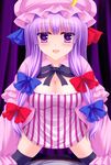  black_legwear blush bow breasts cleavage crescent girl_on_top hair_bow hat highres large_breasts long_hair looking_at_viewer patchouli_knowledge purple_eyes purple_hair shimotsuki_keisuke smile solo_focus thighhighs touhou zettai_ryouiki 