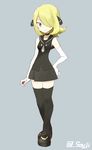  bad_id bad_twitter_id black_legwear blonde_hair elbow_gloves full_body gloves holding holding_poke_ball poke_ball pokemon shirona_(pokemon) short_hair solo souji thighhighs white_gloves younger zettai_ryouiki 