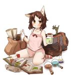  amonitto animal_ears bag bare_arms bare_shoulders book brown_eyes brown_hair cat_ears cat_tail chemise collarbone erlenmeyer_flask eyeball gym_shorts hair_ornament hairclip hands open_book original panties scroll shorts sitting smile solo tail underwear wariza white_panties 