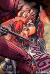  2girls animal_ears artist_name bat_ears batgirl batwoman cape dc_comics flag gun highres licking licking_weapon lips lipstick makeup mask multiple_girls open_mouth paulo_barrios piercing red_hair sexually_suggestive the_joker tongue tongue_out tongue_piercing watermark weapon 