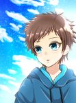 blue_eyes brown_hair hood hooded_sweater hoodie male_focus nagi_no_asukara sakishima_hikari shimeji_ponzu sweater 