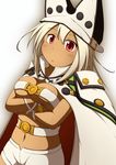  :&lt; beltbra blonde_hair breasts crossed_arms dark_skin guilty_gear guilty_gear_xrd hat highres large_breasts looking_at_viewer mirano ramlethal_valentine red_eyes short_shorts shorts solo 