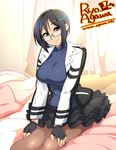  agawa_ryou artist_name bed black_hair borrowed_character breasts brown_eyes buttons character_request commentary_request curtains fingerless_gloves glasses gloves jacket large_breasts original pantyhose pillow pocket short_hair sitting skirt smile solo watermark 