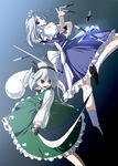  blue_eyes braid dual_wielding ghost hairband holding izayoi_sakuya jerry katana knife konpaku_youmu konpaku_youmu_(ghost) maid_headdress multiple_girls short_hair silver_hair sword touhou twin_braids weapon 