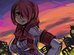  alex_ahad armband bow breasts cityscape dusk hair_over_one_eye kirijou_mitsuru large_breasts long_hair persona persona_3 red_hair signature sketch solo sunset upper_body 