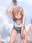  bent_over breasts brown_eyes brown_hair casual cleavage large_breasts older one_eye_closed rozen_maiden short_hair shorts solo souseiseki tsuda_nanafushi water wet wet_clothes wet_hair 