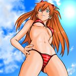  bikini blue_eyes blush breasts brown_hair cloud covered_nipples day from_below long_hair medium_breasts neon_genesis_evangelion nike_(0306) sky solo souryuu_asuka_langley swimsuit underboob 