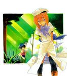  1girl blue_eyes couple dress food forest grin hat hetero higurashi_no_naku_koro_ni maebara_keiichi nature orange_hair popsicle ryuuguu_rena shino_satoru short_hair smile thighhighs 