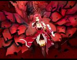  black_legwear black_rose_dragon breasts card cleavage dress duel_monster elbow_gloves fingerless_gloves gloves goshi holding holding_card izayoi_aki jewelry large_breasts long_hair miniskirt monster necklace open_mouth red_hair skirt thighhighs yellow_eyes yuu-gi-ou yuu-gi-ou_5d's 