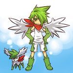  androgynous blush_stickers boots costume elbow_gloves gen_4_pokemon gloves green_eyes green_footwear green_hair hair_over_one_eye hands_on_hips hitec moemon personification pokemon pokemon_(creature) red_scarf scarf shaymin shirt shorts sleeveless sleeveless_shirt wings 