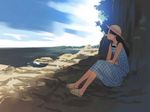  artist_request bare_shoulders beach black_hair cloud copyright_request day dress hat long_hair non-web_source ocean outdoors sandals sitting sky solo straw_hat 