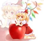  :d apple barefoot blonde_hair chin_rest elbow_rest flandre_scarlet food fruit hat hat_ribbon one_side_up open_mouth ponytail rai_(rai-s) red_eyes ribbon short_hair smile solo touhou wings zoom_layer 