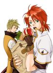  apple blonde_hair food fruit green_eyes luke_fon_fabre male male_focus namco open_mouth red_hair redhead simple_background tales_of_(series) tales_of_the_abyss wrong_direction 