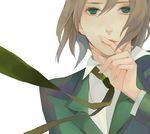  androgynous axis_powers_hetalia brown_hair collared_shirt eyelashes finger_to_mouth formal green_eyes green_jacket green_neckwear hair_between_eyes hands index_finger_raised jacket kidchan lithuania_(hetalia) long_sleeves looking_at_viewer male_focus necktie parted_lips shirt shushing simple_background solo suit upper_body white_background white_shirt wind wing_collar 