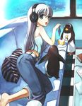  barefoot bird blue_eyes cake capri_pants casual denim fish food headphones highres hirokiku jeans looking_back lying midriff original pants pastry penguin solo white_hair 