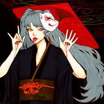  \m/ blood blue_eyes blue_hair eyes fox_mask hatsune_miku japanese_clothes kimono long_hair mask musunde_hiraite_rasetsu_to_mukuro_(vocaloid) ohreo oriental_umbrella solo tongue twintails umbrella vocaloid yukata 