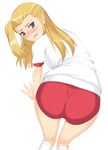  ass blonde_hair blush buruma green_eyes gym_uniform long_hair looking_back rose_anderson shichimenchou simple_background solo solty_rei 