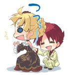  1girl beatrice blonde_hair blue_eyes chibi closed_eyes dress fang formal pointing red_eyes suit takamura_masaya umineko_no_naku_koro_ni ushiromiya_battler 