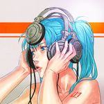 :o aqua_eyes aqua_hair aqua_nails bangs cable from_side grey_background hair_over_shoulder hands_on_headphones hands_up hatsune_miku headphones lips listening_to_music long_hair looking_to_the_side nail_polish nude number open_mouth portrait realistic simple_background solo tattoo twintails vocaloid yoshimura_ken'ichirou 