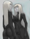  alicia_(claymore) ass beth_(claymore) blonde_hair bodysuit breast_press breasts claymore face grey_eyes large_breasts lips long_hair multiple_girls siblings symmetrical_docking tea_(nakenashi) twins 