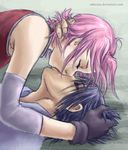  asuka_kureru gloves haruno_sakura kiss lying naruto pink_hair purple_hair short_hair uchiha_sasuke 
