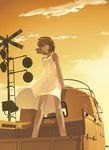  bare_shoulders brown_eyes brown_hair cloud copyright_request dress from_below ground_vehicle kante_mirofu motor_vehicle railroad_crossing short_hair sky solo sundress sunset truck wind wind_lift 