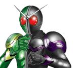  bad_id bad_pixiv_id black_bodysuit bodysuit goggles goggles_on_head green_bodysuit helmet kamen_rider kamen_rider_double kamen_rider_w looking_at_viewer male_focus simple_background solo tencha_(raki-raki) upper_body white_background 