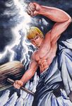  abs babalisme blonde_hair broken_glass cigarette clenched_hand earrings glass great_teacher_onizuka hammer jewelry lightning male_focus mallet manly muscle onizuka_eikichi shirtless smoking solo traditional_media 