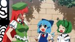  ^_^ antennae bad_id bad_pixiv_id blue_eyes blue_hair bow braid breasts brick_wall cape china_dress chinese_clothes cirno clenched_hands closed_eyes dress dress_shirt gate green_hair hair_bow hand_on_hip hat hong_meiling large_breasts long_hair multiple_girls neck_ribbon open_mouth red_hair ribbon shirt short_hair smile tonbi touhou twin_braids wings wriggle_nightbug 