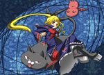  bat blazblue blonde_hair bow cat dress gii gothic_lolita hair_ribbon lolita_fashion long_hair nago rachel_alucard red_bow red_eyes ribbon solo thighhighs touboku twintails vampire very_long_hair 