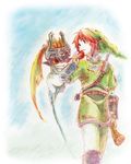  1girl apple artist_request blonde_hair blue_eyes food fruit gloves hat helmet hug imp link midna pointy_ears red_eyes smile the_legend_of_zelda the_legend_of_zelda:_twilight_princess 