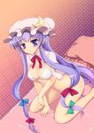  bad_id bad_pixiv_id bed blush bonnet bow bra breasts cleavage covered_nipples crescent frilled_pillow frills hair_bow hanao_(kuma-tan_flash!) hat kneeling large_breasts lingerie long_hair panties patchouli_knowledge pillow purple_eyes purple_hair solo touhou underboob underwear very_long_hair white_panties 