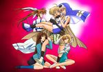  3boys akizuki_nakuru belt blonde_hair blue_eyes blush braid bridget_(guilty_gear) brown_hair cape cardcaptor_sakura carrying crossover cuilan glasses green_eyes guilty_gear hair_ribbon kneehighs long_hair lyrical_nanoha mahou_shoujo_lyrical_nanoha multiple_boys multiple_girls naughty_face nun one_eye_closed otoko_no_ko princess_carry purple_eyes ribbon school_uniform senkou_no_ronde short_hair shorts side_braid skirt socks takamachi_nanoha tsukamoto_takashi twintails yuuno_scrya 