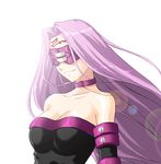  artist_request bare_shoulders blindfold breasts cleavage collar collarbone dress fate/stay_night fate_(series) large_breasts lens_flare long_hair purple_hair rider simple_background solo strapless strapless_dress upper_body very_long_hair white_background 
