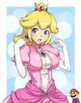  1girl blonde_hair blue_eyes breasts crown denki_shougun dress earrings elbow_gloves gloves highres jewelry large_breasts mario mario_(series) pink_dress princess_peach short_hair smile super_mario_bros. 