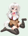  artist_request blue_eyes blush breasts cleavage collar copyright_request dog_ears erect_nipples large_breasts school_uniform simple_background tail thigh-highs thighhighs white_hair 