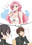  2boys ? bikini_top blush breasts cleavage code_geass euphemia_li_britannia food front-tie_top imagining kurimomo kururugi_suzaku large_breasts lelouch_lamperouge long_hair multiple_boys pink_hair popsicle purple_eyes sexually_suggestive translated 