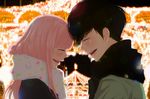  1girl black_hair blush closed_eyes couple dating enpera festival happy hetero jacket just_be_friends_(vocaloid) laughing lens_flare light lipstick long_hair makeup megurine_luka night pink_hair polka_dot scarf smile vocaloid yunomi_(yunomi_imonuy) 