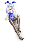  animal_ears back-seamed_legwear blue_hair bow bowtie breasts bunny_ears bunnysuit cleavage high_heels highres large_breasts legs long_hair original pantyhose purple_eyes seamed_legwear shoes solo wrist_cuffs yagisaka_seto 