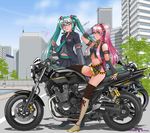  aqua_eyes aqua_hair blue_eyes boots cigarette cityscape cross-laced_footwear detached_sleeves ground_vehicle hatsune_miku headphones high_heels legs long_hair long_legs maki_michaux megurine_luka midriff motor_vehicle motorcycle multiple_girls navel pink_hair shoes skirt smoking thighhighs thighs twintails vocaloid zettai_ryouiki 