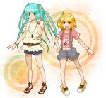  ahoge alternate_costume aqua_eyes aqua_hair bad_id bad_pixiv_id belt blonde_hair blouse casual contemporary cross fashion hair_ornament hairclip hatsune_miku kagamine_rin long_hair midriff multiple_girls overalls rikuo_(ikuran) shirt shoes short_hair shorts t-shirt vocaloid watch wristwatch yellow_eyes 