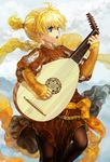  blonde_hair blue_eyes child faux_traditional_media instrument jane_mere kagamine_len lute_(instrument) male_focus music pantyhose ponytail singing solo vocaloid 