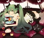  akikawa_eiri apple cake food fork fruit green_eyes green_hair hair_ribbon hatsune_miku high_heels long_hair lying on_stomach pastry pudding ribbon shoes skirt solo strawberry thighhighs twintails vocaloid world_is_mine_(vocaloid) zettai_ryouiki 