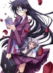  absurdres blue_eyes book briefcase copyright_request glasses highres long_hair petals purple_hair ryuuga_shou school_uniform solo 