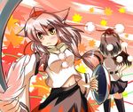  alternate_hairstyle animal_ears black_hair detached_sleeves fishnets hat inubashiri_momiji leaf long_hair midriff multiple_girls shameimaru_aya shield silver_hair sword thighhighs tokin_hat tokiniwa touhou weapon wolf_ears yellow_eyes 