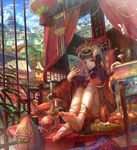  baozi barefoot braid brown_eyes brown_hair chinese_clothes cityscape fan feet fish fish_tank food fuji_choko hair_ornament highres leg_ribbon legs lips md5_mismatch original ribbon sitting soles solo 