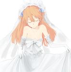  bare_shoulders bridal_veil bride closed_eyes dress elbow_gloves gloves highres long_hair neon_genesis_evangelion red_hair smile solo souryuu_asuka_langley veil wedding_dress white_dress yammy_(cellblo) 