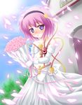  blush bouquet bridal_veil bride dress eyes flower gloves hairband heart kani_infuruenza komeiji_satori petals purple_eyes purple_hair short_hair solo touhou veil wedding wedding_dress 