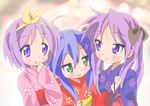  blue_hair blue_kimono floral_print green_eyes hiiragi_kagami hiiragi_tsukasa izumi_konata japanese_clothes kimono long_hair lucky_star mole mole_under_eye multiple_girls pink_kimono print_kimono purple_eyes purple_hair red_kimono short_hair twintails yamasaki_wataru yukata 