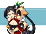  animal_ears animal_hood bad_id bad_pixiv_id black_hair blazblue breasts brown_eyes cat cat_hood chibi china_dress chinese_clothes cleavage cleavage_cutout dress food glasses grin hood hoodie kaka_kittens lao_jiu large_breasts litchi_faye_ling long_hair multiple_girls one_eye_closed onigiri panda ponytail red_eyes sausage smile tail tougyuu_yukio 